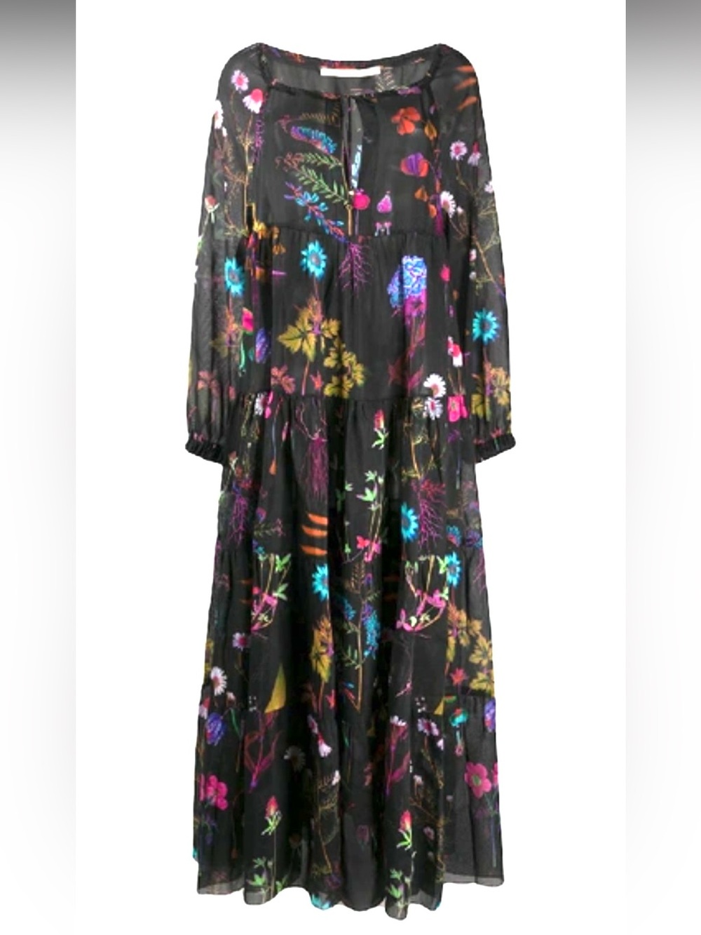 Stella McCartney Trippy Floral Print Cotton & Silk Black Sheer Maxi Dress (Sm)